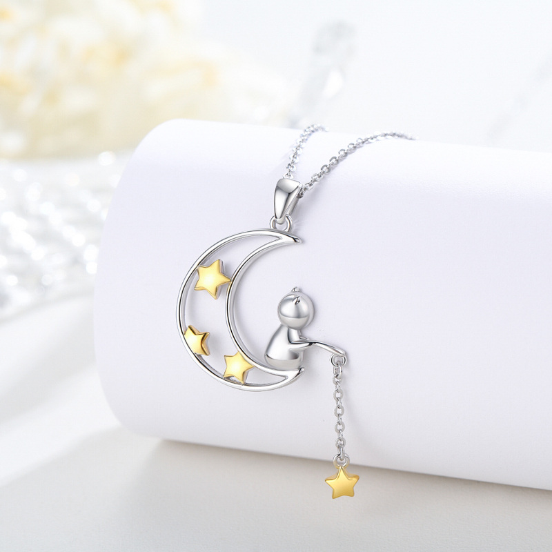 Sterling Silver Two-tone Moon & Star Pendant Necklace-4