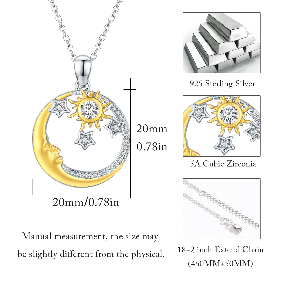 Sterling Silber zweifarbiger Mond & Sonne Anhänger Halskette-5