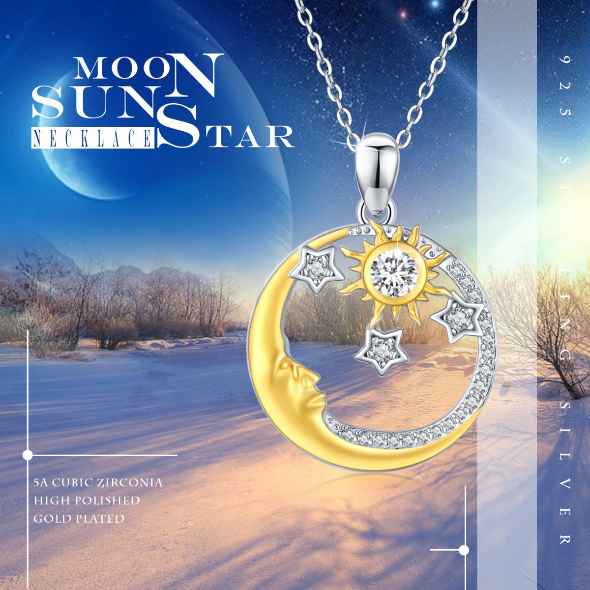 Sterling Silver Two-tone Moon & Sun Pendant Necklace-6