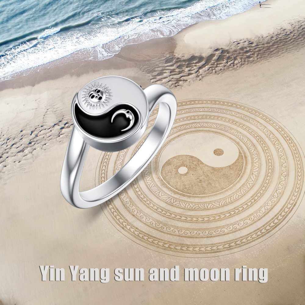 Anéis em prata de lei com lua e sol, yin e yang, dois tons-5