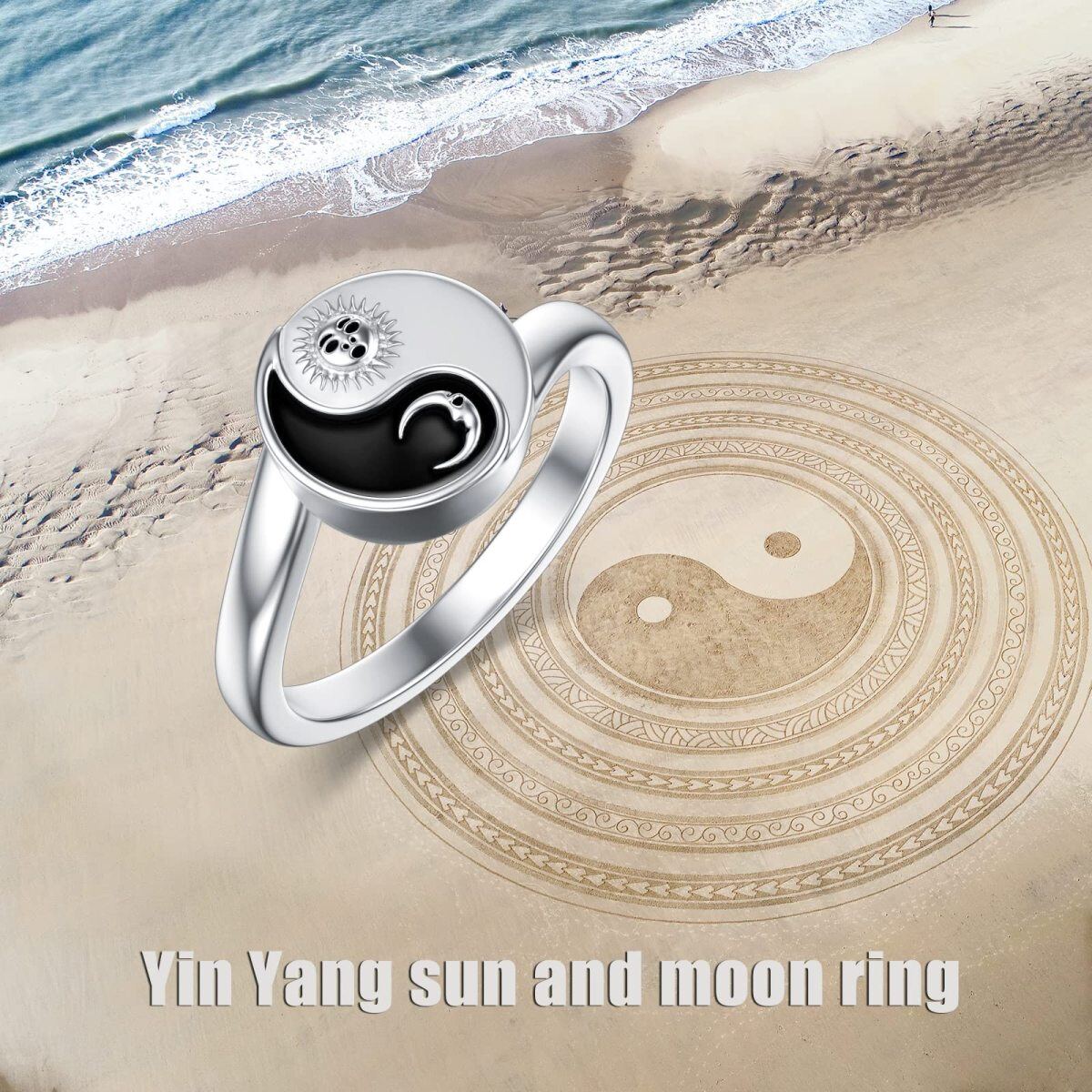 Sterling Silver Two-Tone Moon & Sun Yin Yang Rings-5