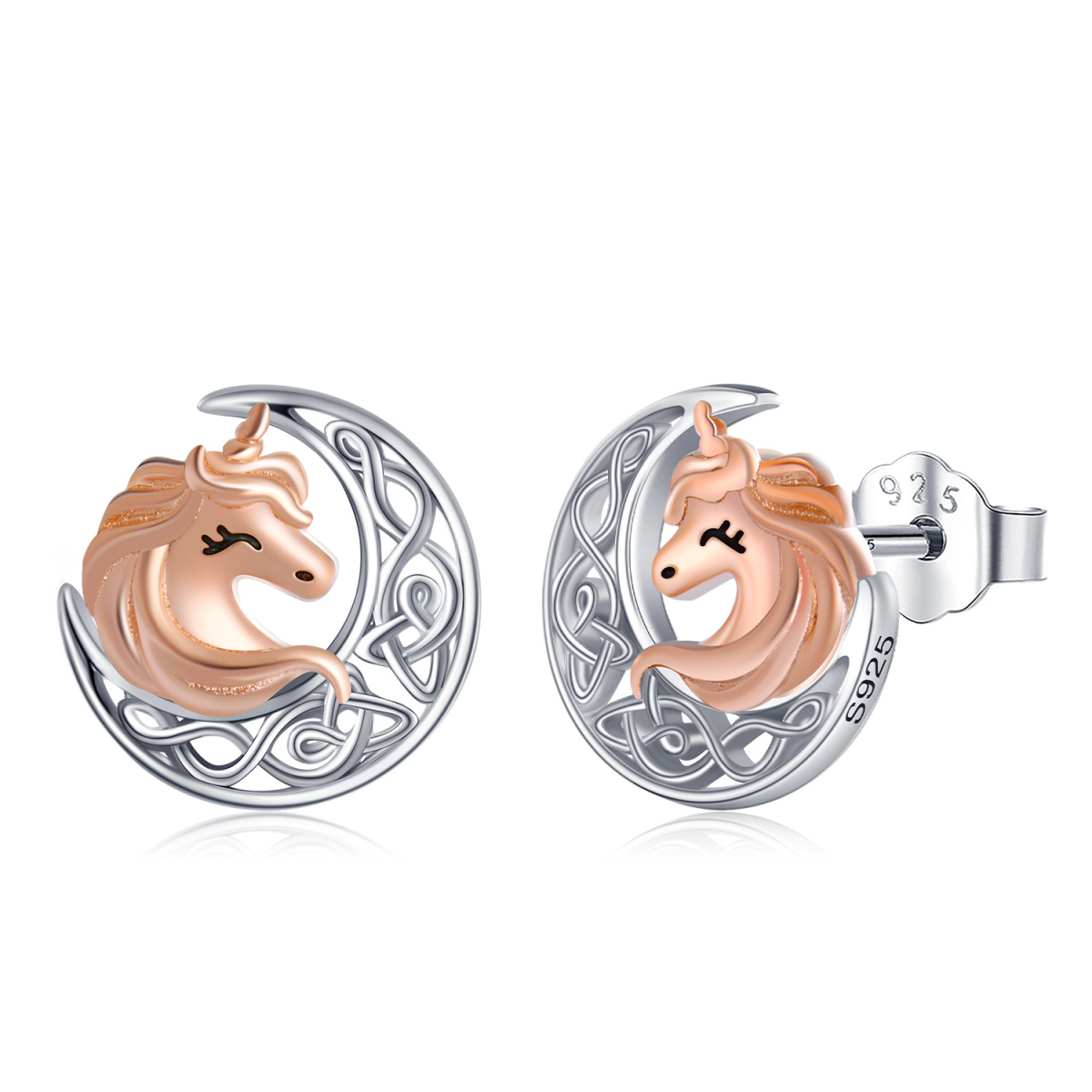 Boucles d'oreilles en argent sterling bicolores lune et licorne-1