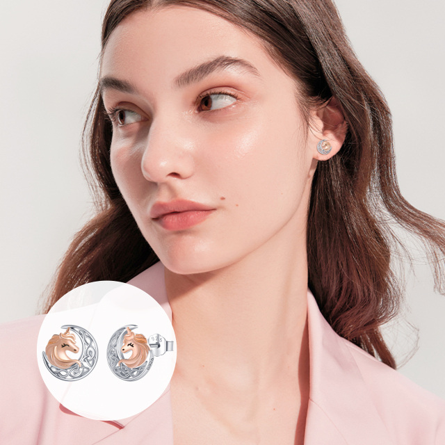 Sterling Silver Two-tone Moon & Unicorn Stud Earrings-3