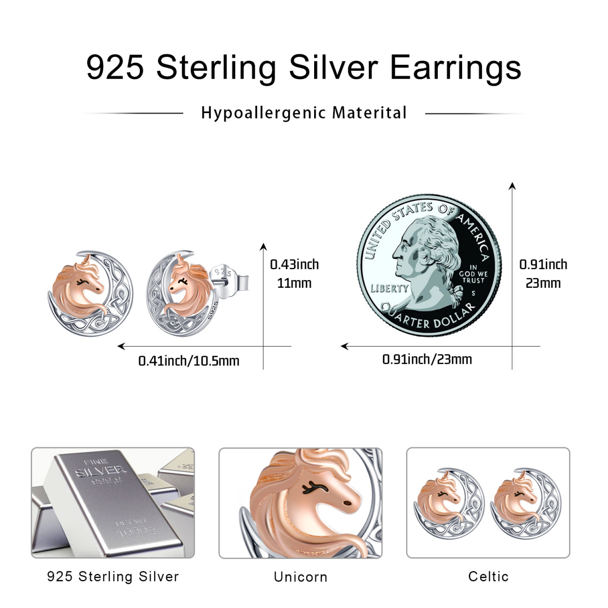 Sterling Silber Zweifarbiger Mond & Einhorn Ohrstecker-5