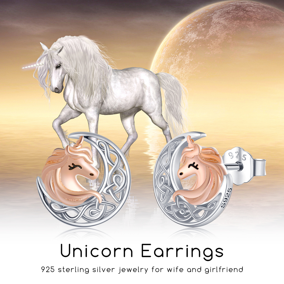 Boucles d'oreilles en argent sterling bicolores lune et licorne-6