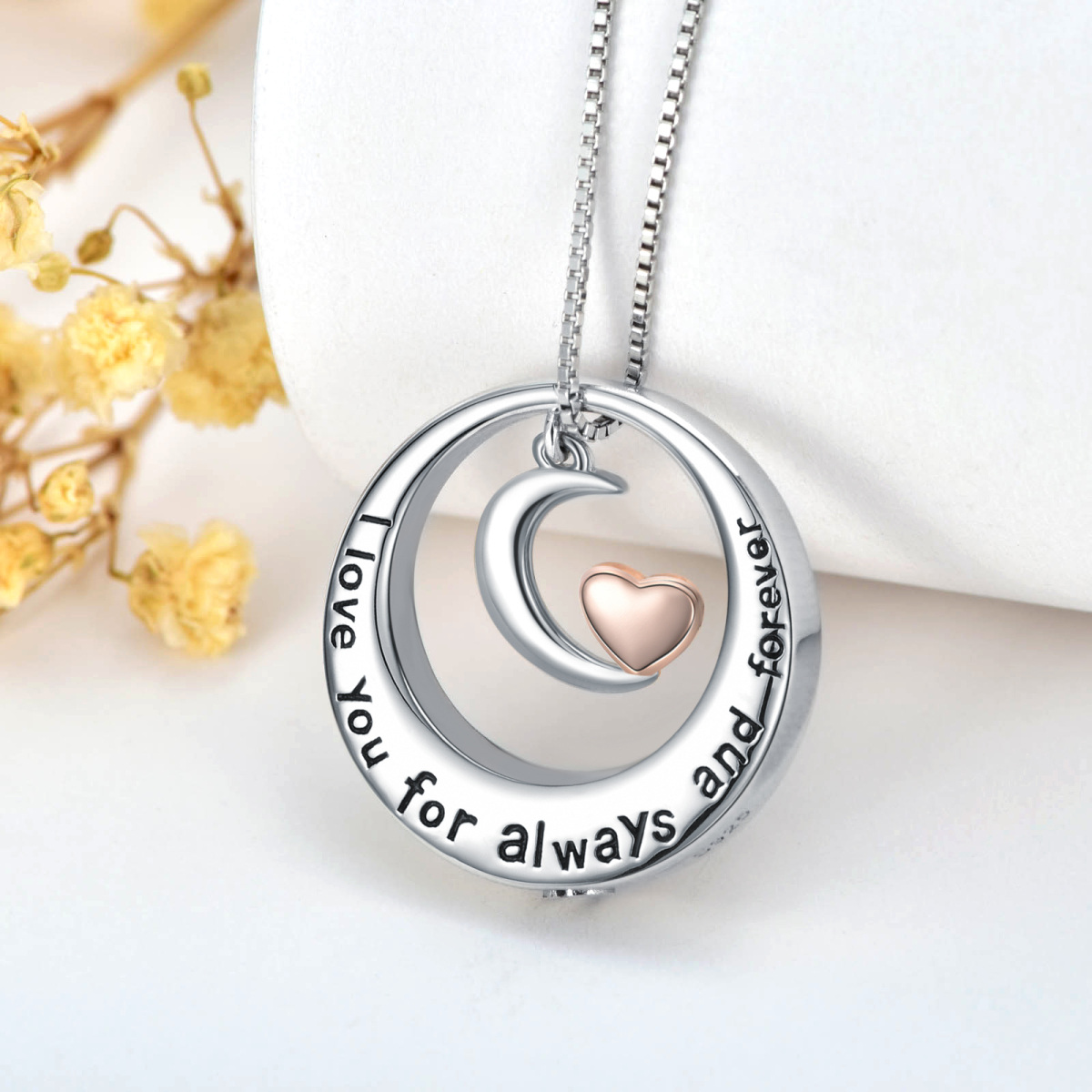 Sterling Silver Two-tone Moon Urn Necklace for Ashes with Engraved Word-3