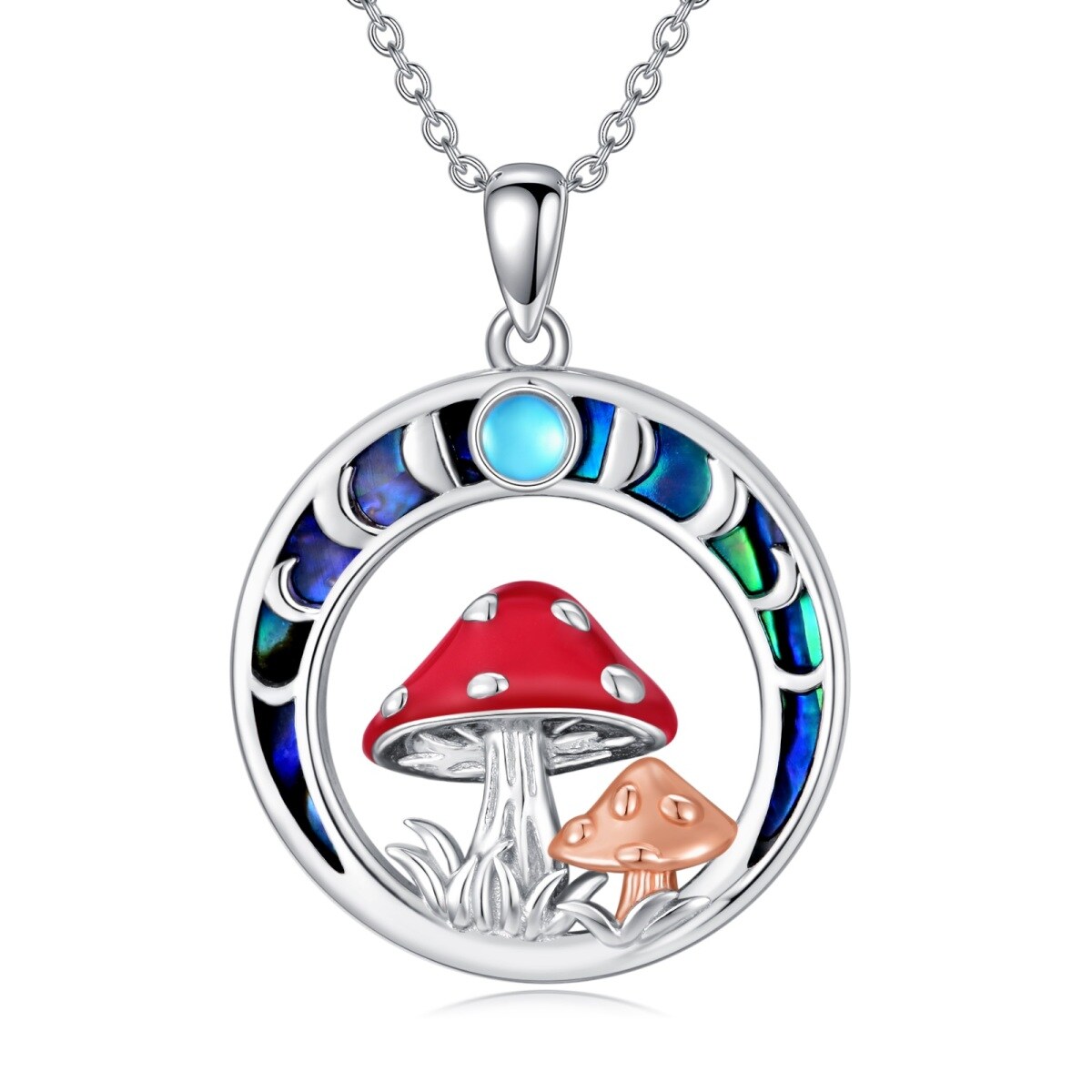 Plata de ley de dos tonos Moonstone & Abalone Shellfish Mushroom Collar Colgante-1