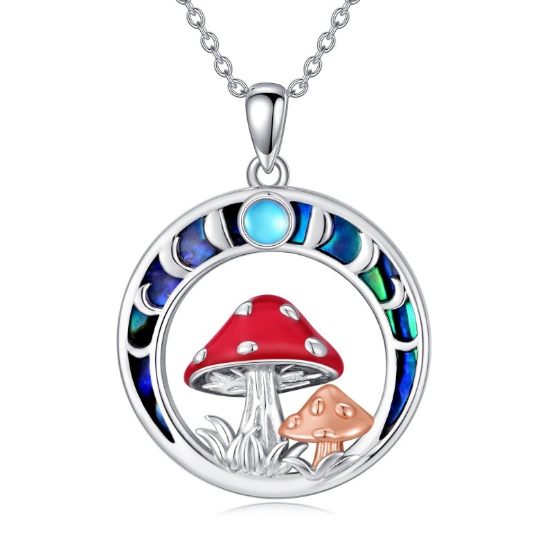 Sterling Silver Two-tone Moonstone & Abalone Shellfish Mushroom Pendant Necklace-12