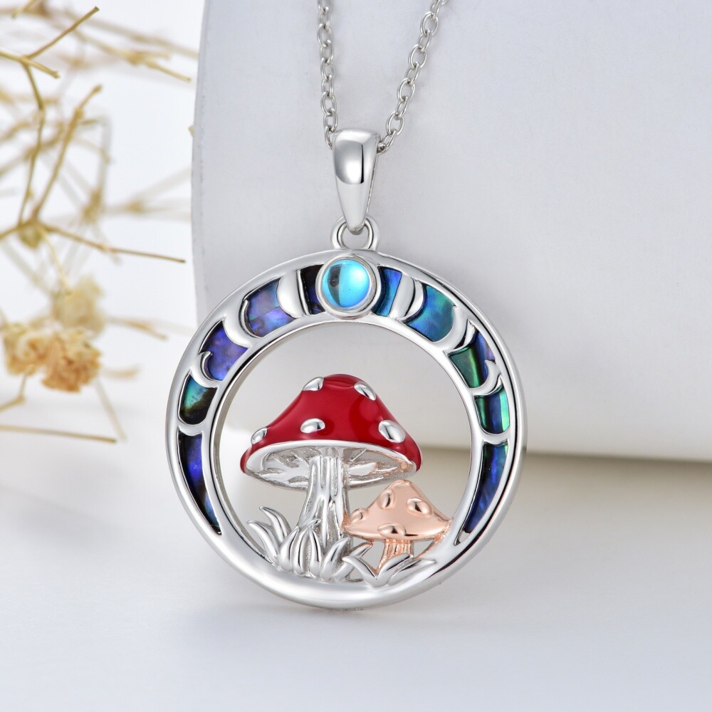 Collana in argento sterling con ciondolo a fungo in pietra di luna e conchiglia Abalone, bicolore-3