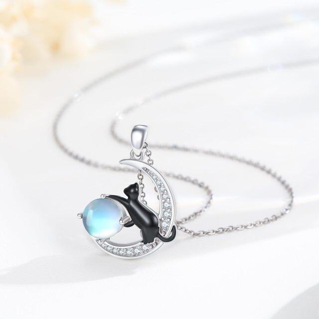 Sterling Silver Two-tone Moonstone Black Cat and Moon Pendant Necklace-4