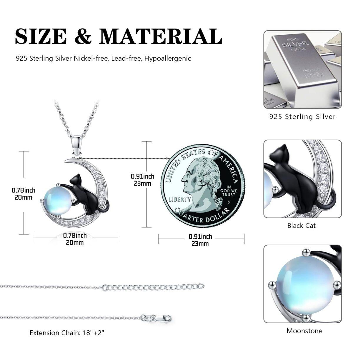 Zweifarbige Halskette mit Mondsteinanhänger aus Sterlingsilber mit schwarzer Katze und Mond-5