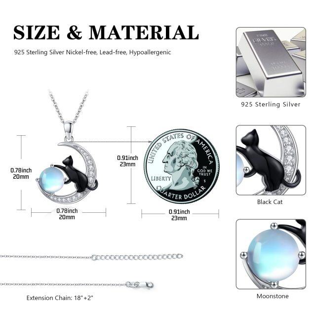 Sterling Silver Two-tone Moonstone Black Cat and Moon Pendant Necklace-5