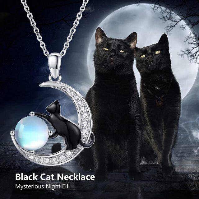 Sterling Silver Two-tone Moonstone Black Cat and Moon Pendant Necklace-6