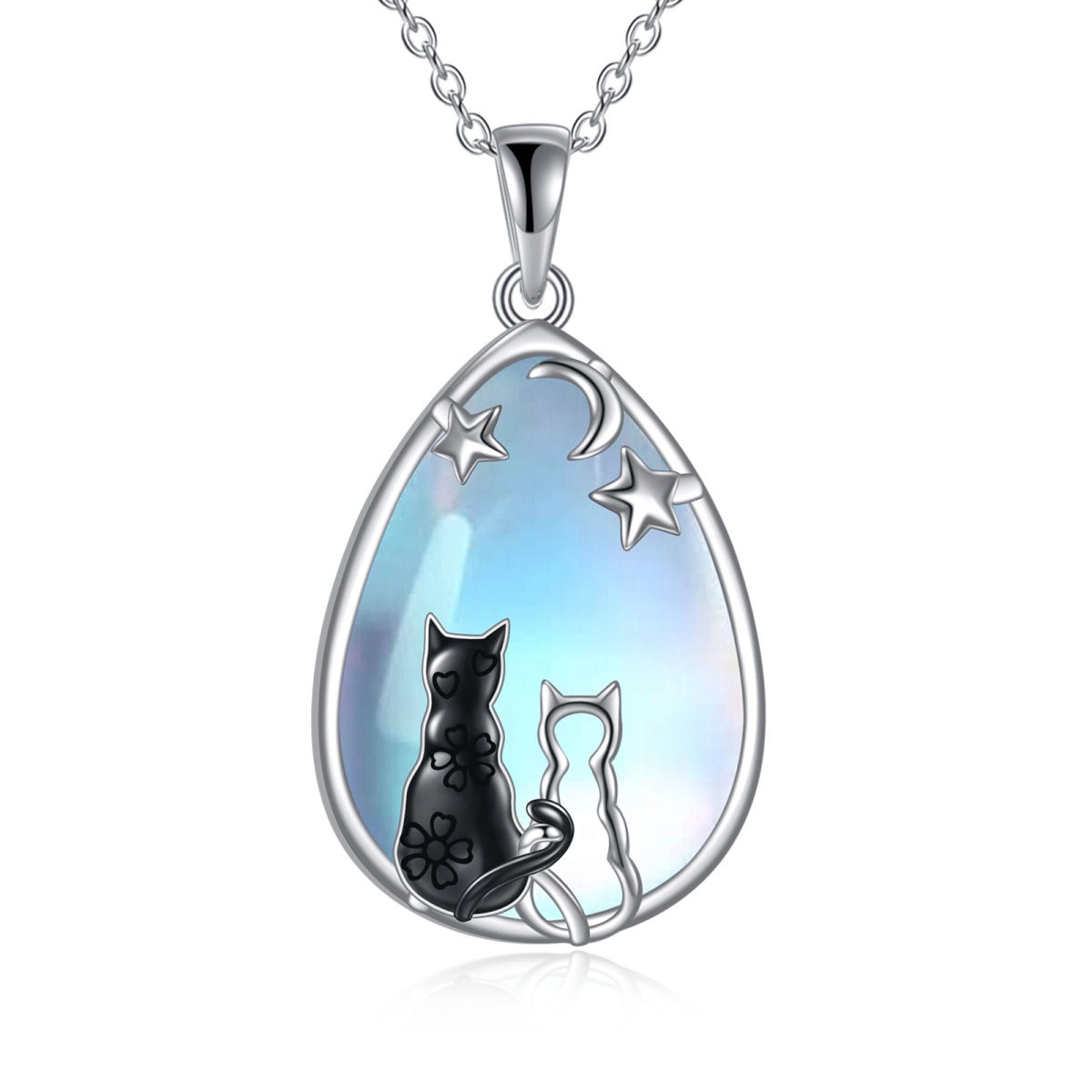 Sterling Silver Moonstone Cat & Pentagram Drop Pendant Necklace For Women-1