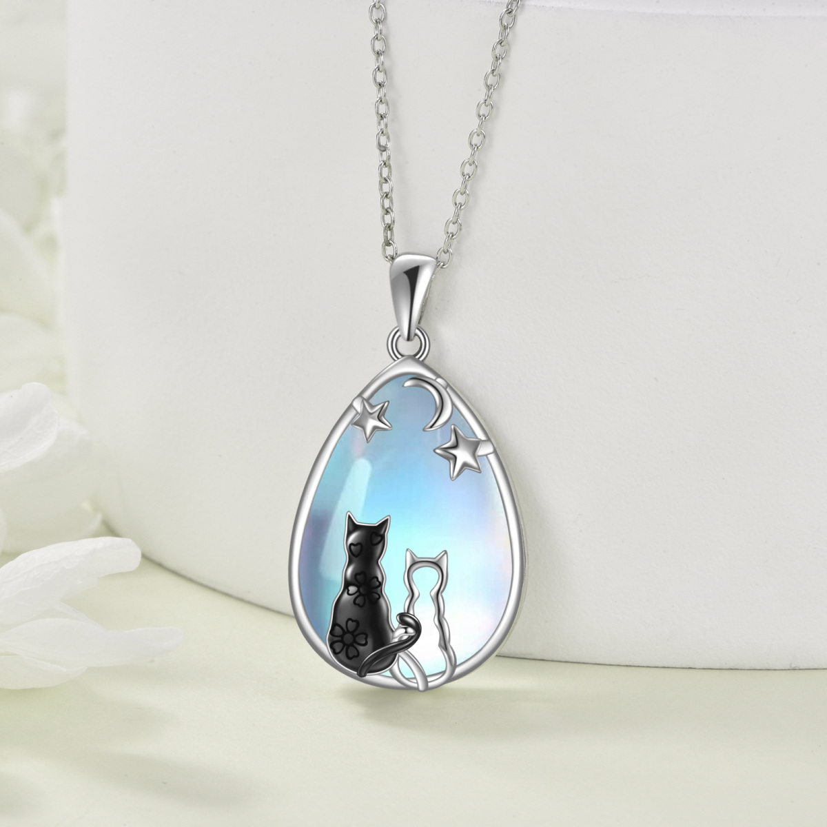 Collier avec pendentif goutte en forme de chat et pentagramme en pierre de lune en argent sterling pour femme-3