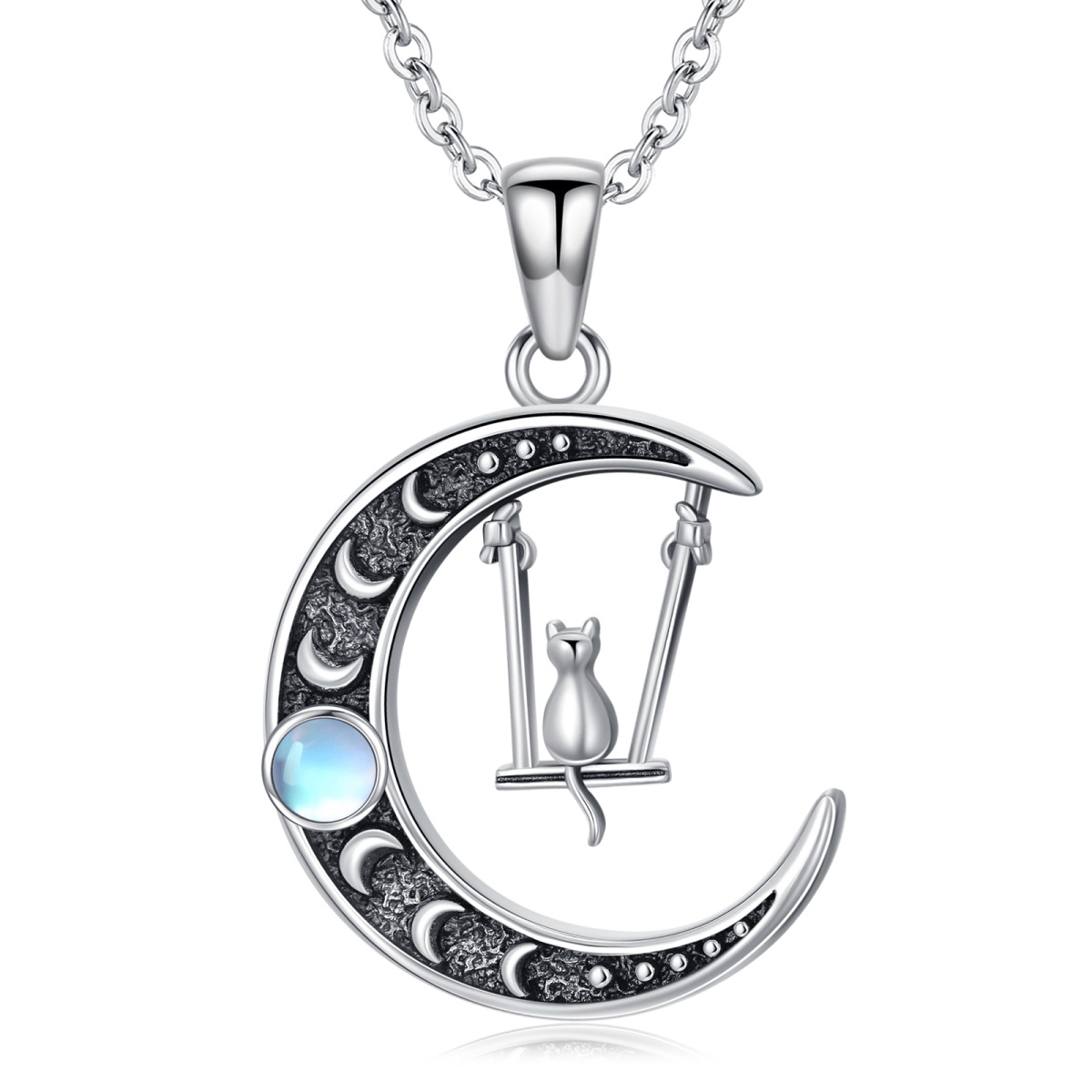 Sterling Silver Two-tone Moonstone Cat & Moon Charm Necklace for Women-1