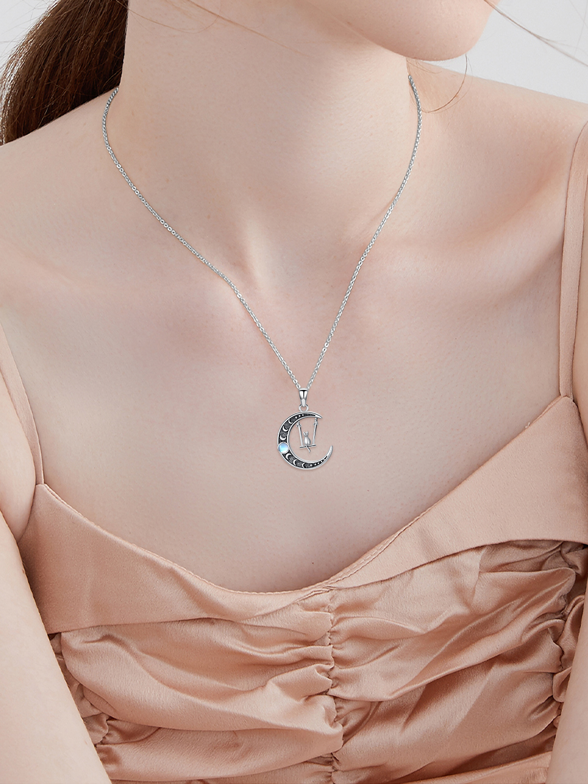 Sterling Silver Two-tone Moonstone Cat & Moon Charm Necklace for Women-2