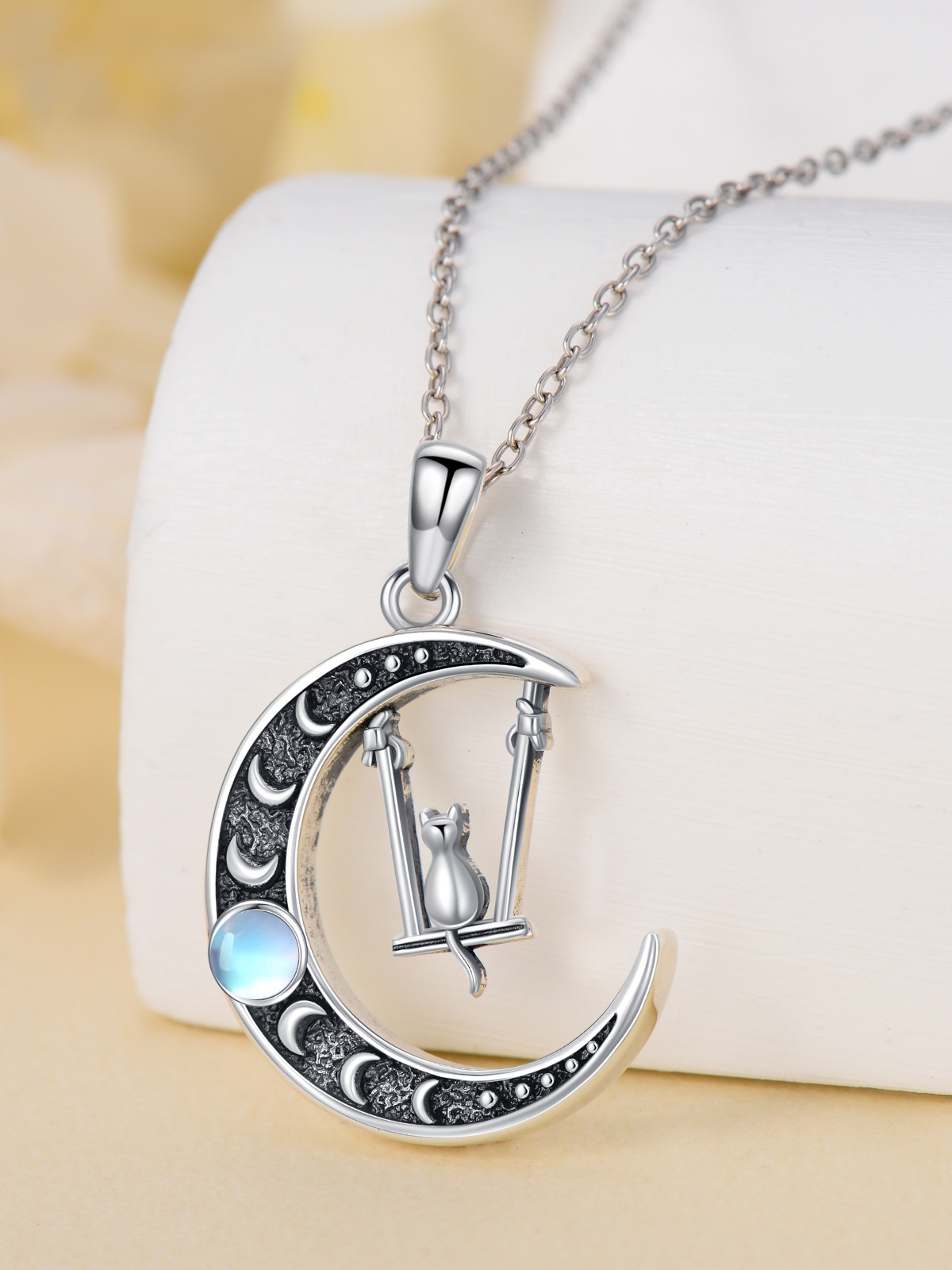 Sterling Silver Two-tone Moonstone Cat & Moon Charm Necklace for Women-3