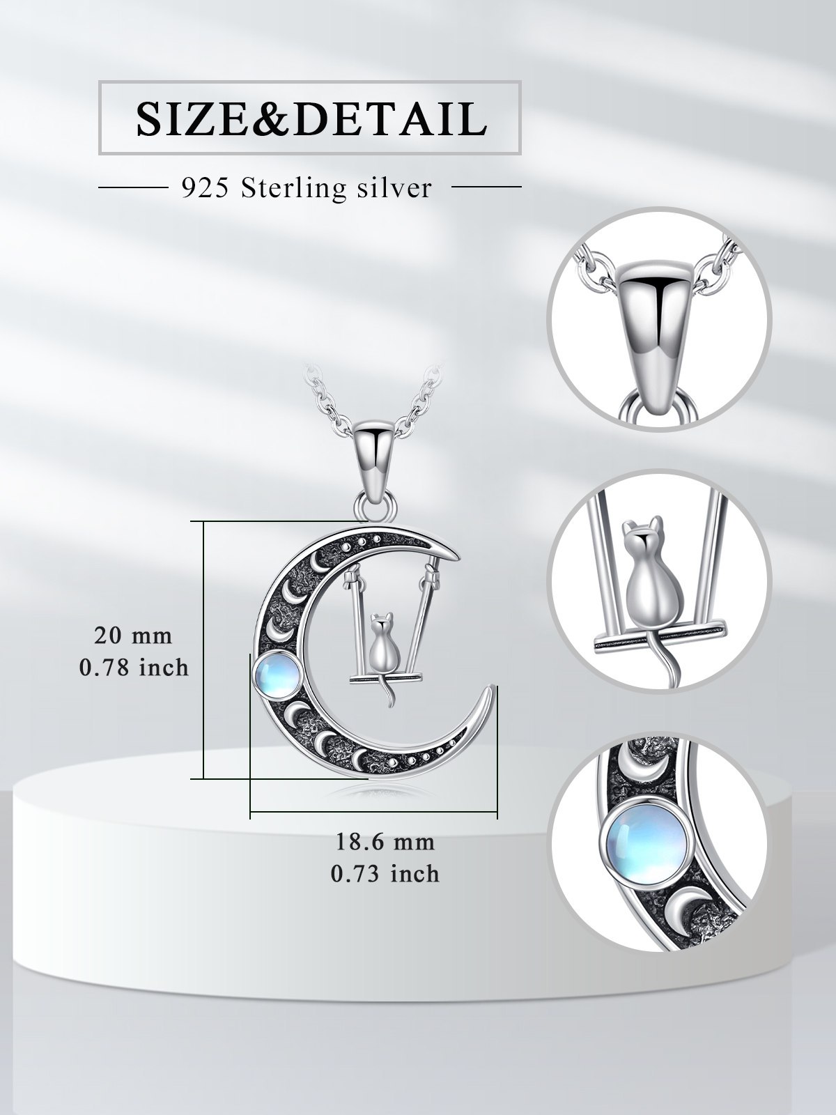 Sterling Silver Two-tone Moonstone Cat & Moon Charm Necklace for Women-4