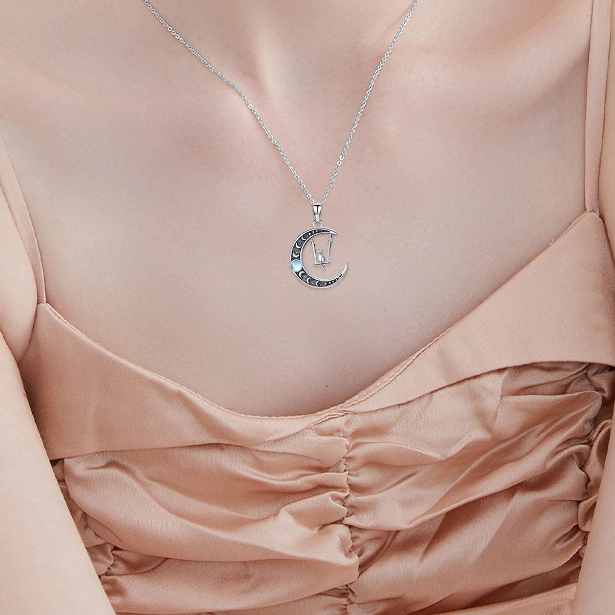 Sterling Silver Two-tone Moonstone Cat & Moon Charm Necklace for Women-2