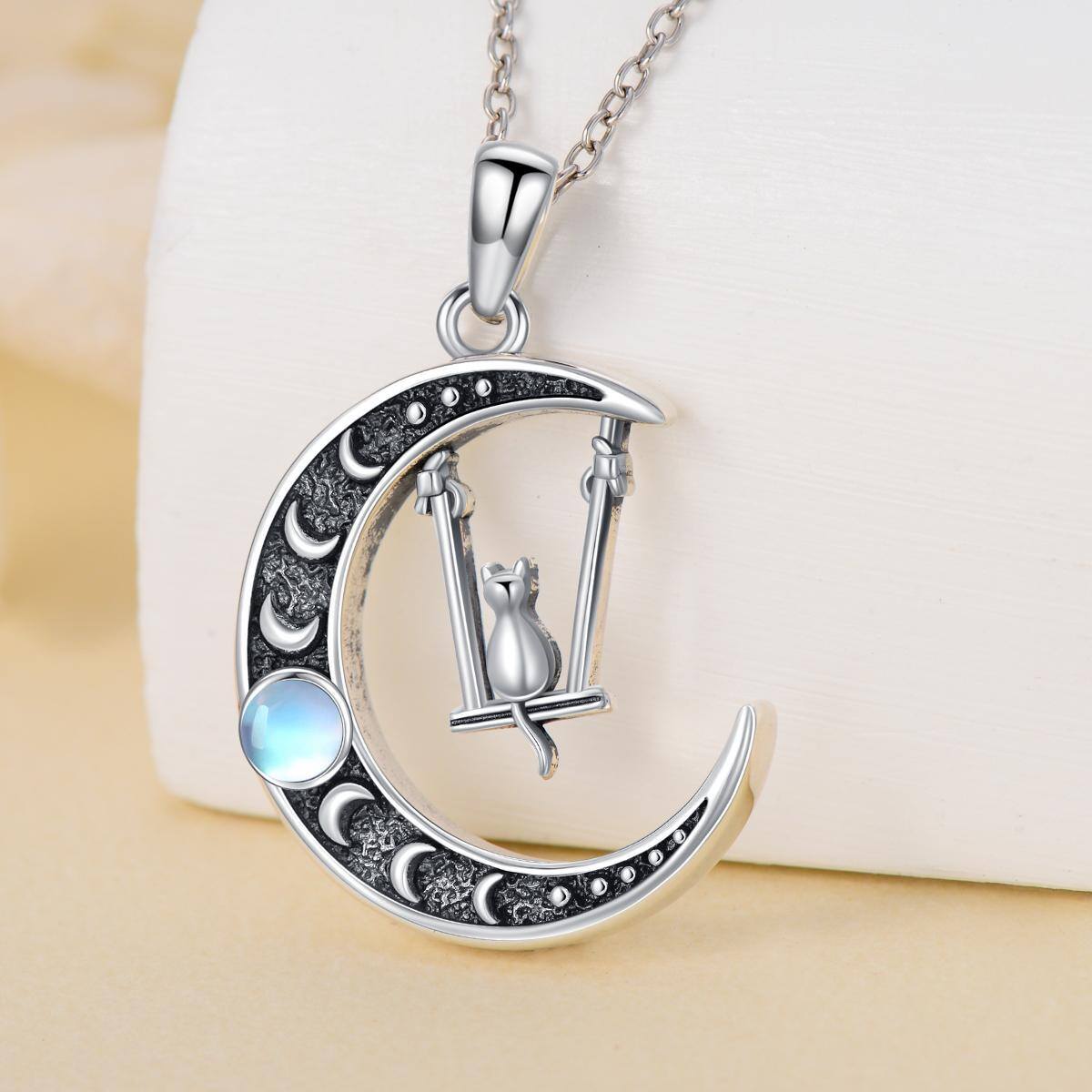 Sterling Silver Two-tone Moonstone Cat & Moon Charm Necklace for Women-3