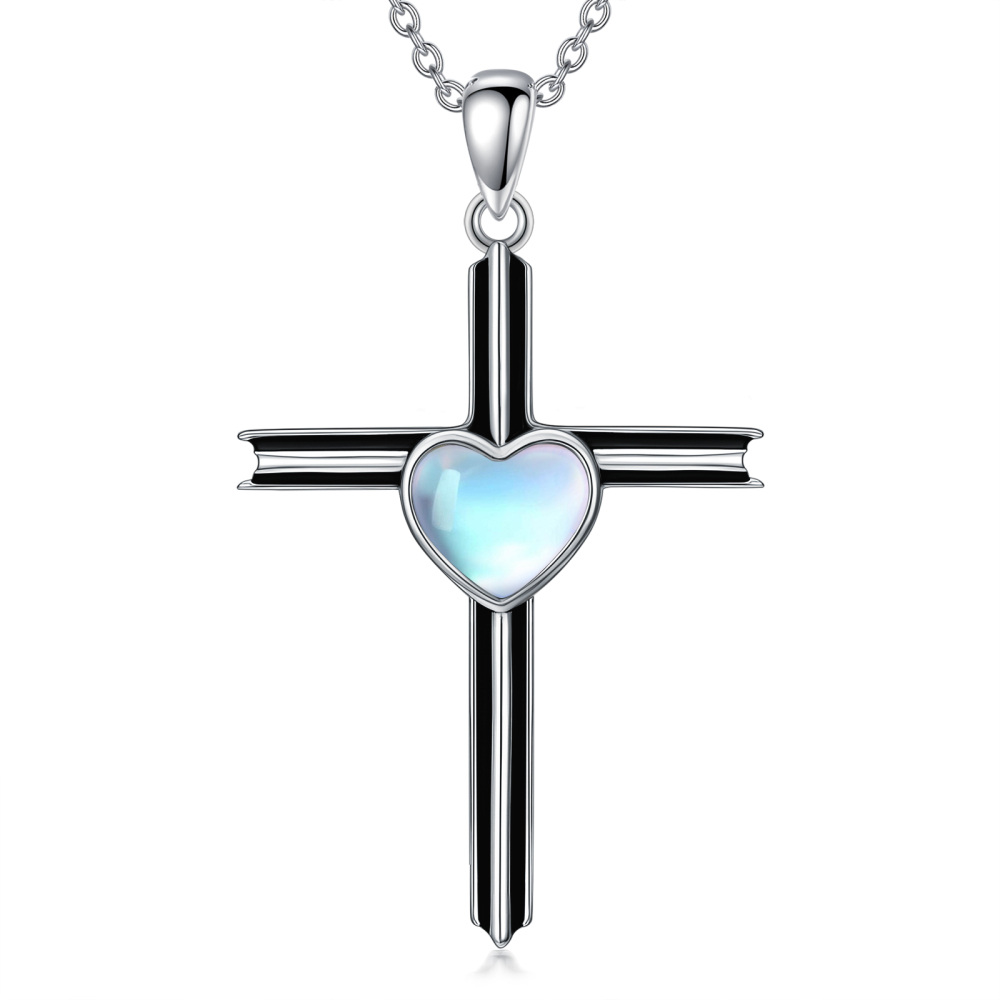 Sterling Silver Two-tone Moonstone Cross Pendant Necklace-1