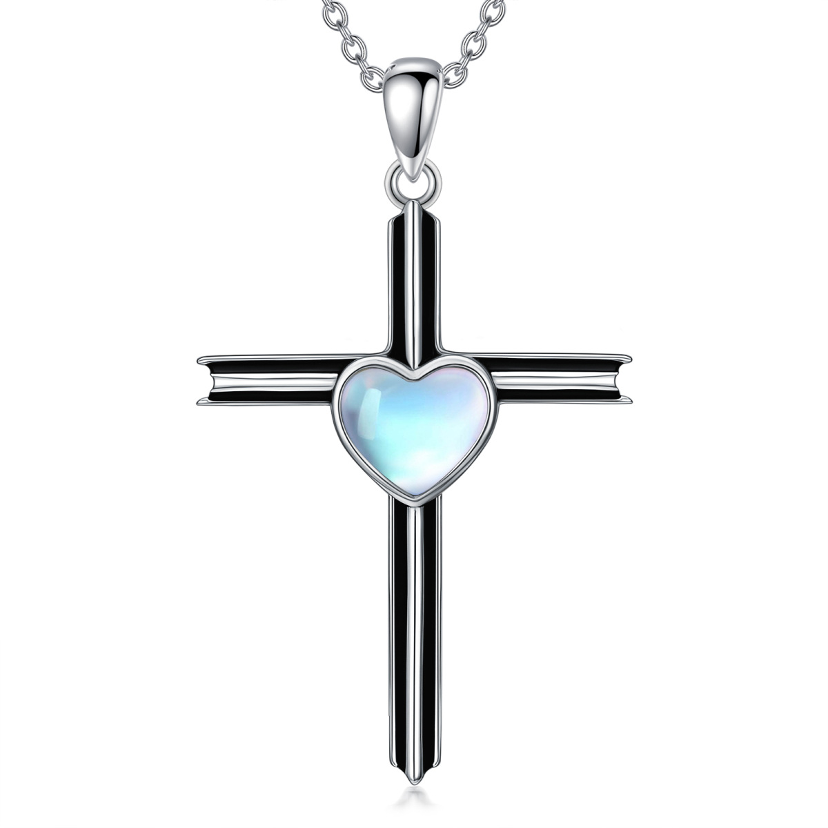 Sterling Silver Two-tone Moonstone Cross Pendant Necklace-1