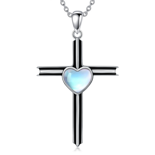 Sterling Silver Two-tone Moonstone Cross Pendant Necklace