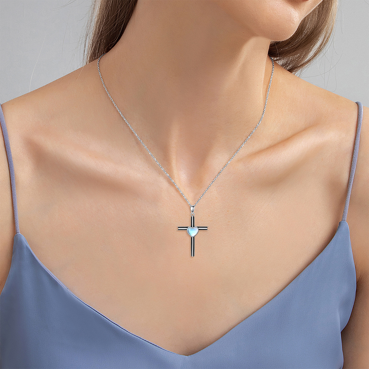 Sterling Silver Two-tone Moonstone Cross Pendant Necklace-2