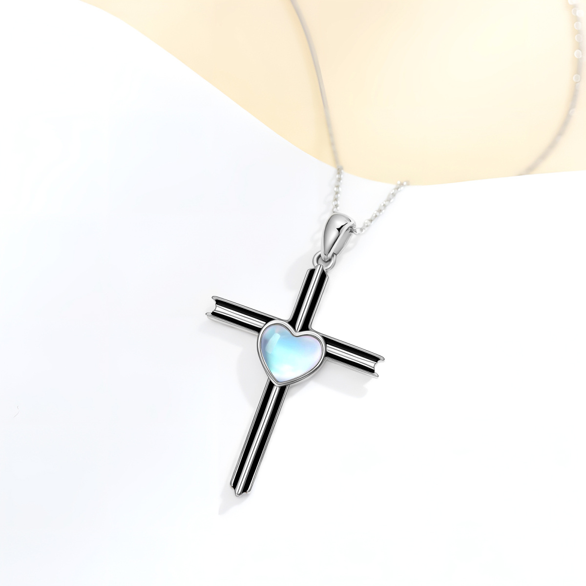 Sterling Silver Two-tone Moonstone Cross Pendant Necklace-3