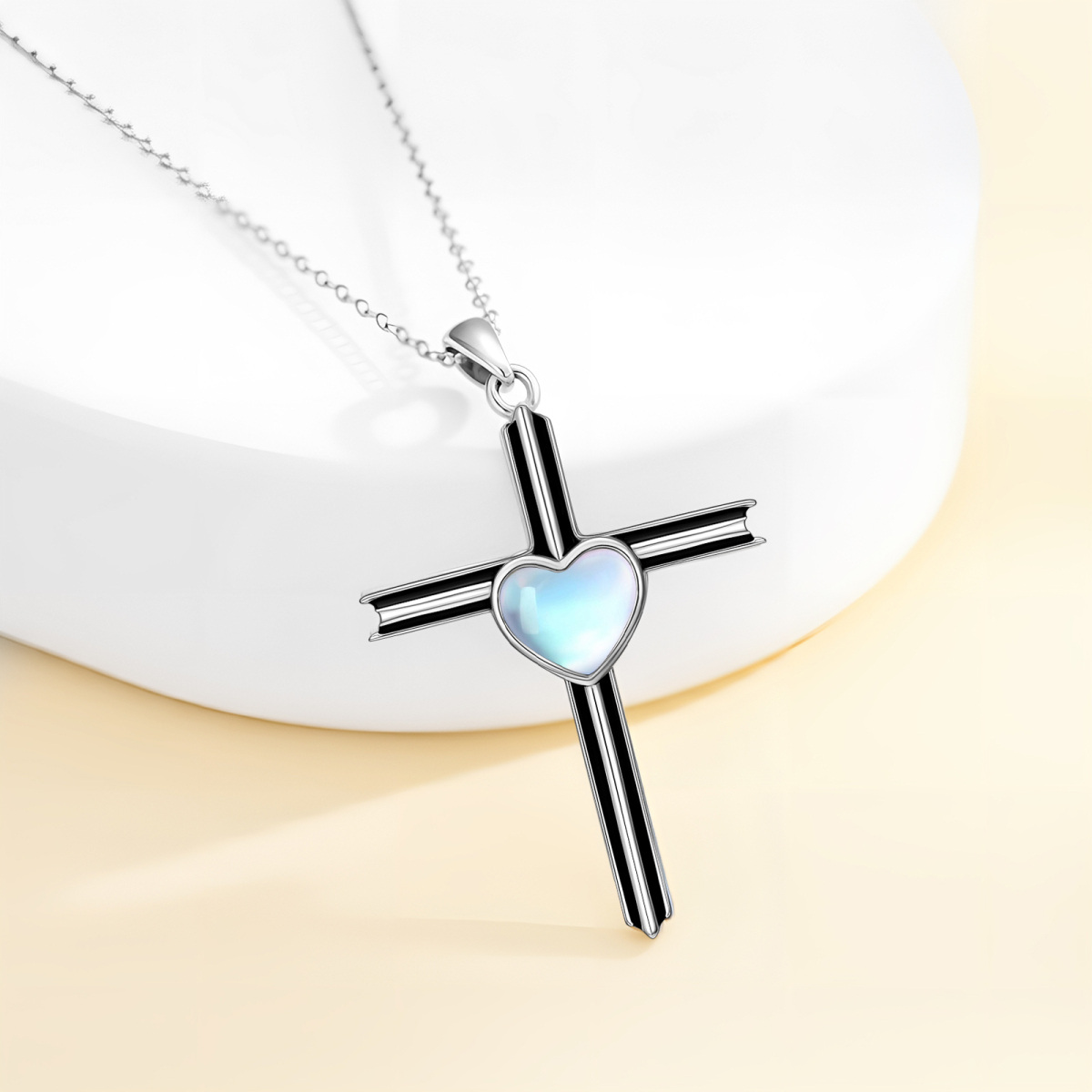 Sterling Silver Two-tone Moonstone Cross Pendant Necklace-4
