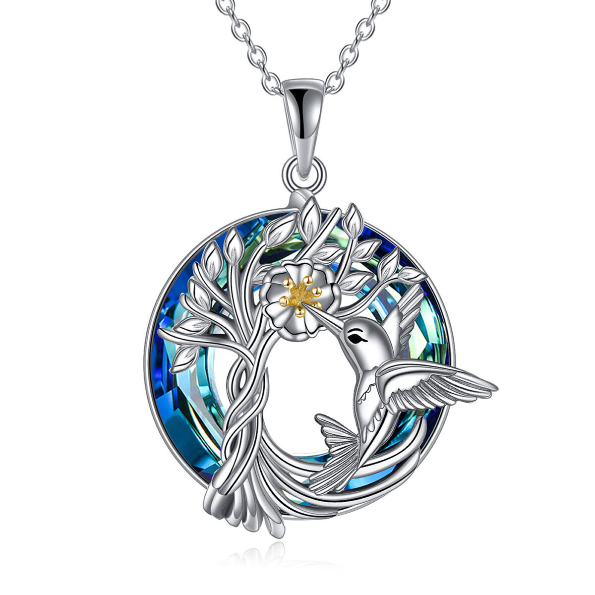 Sterling Silver Two-tone Moonstone & Crystal Hummingbird & Tree Of Life Pendant Necklace-1