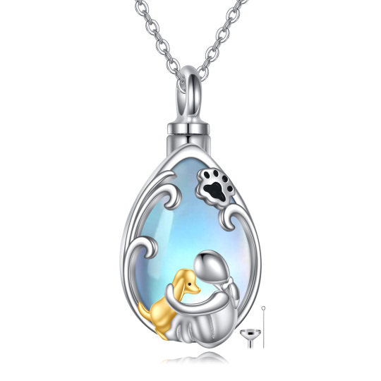 Sterling Silver Two-tone Moonstone Dog & Paw & Drop Shape Urn Necklace for Ashes with Engraved Word