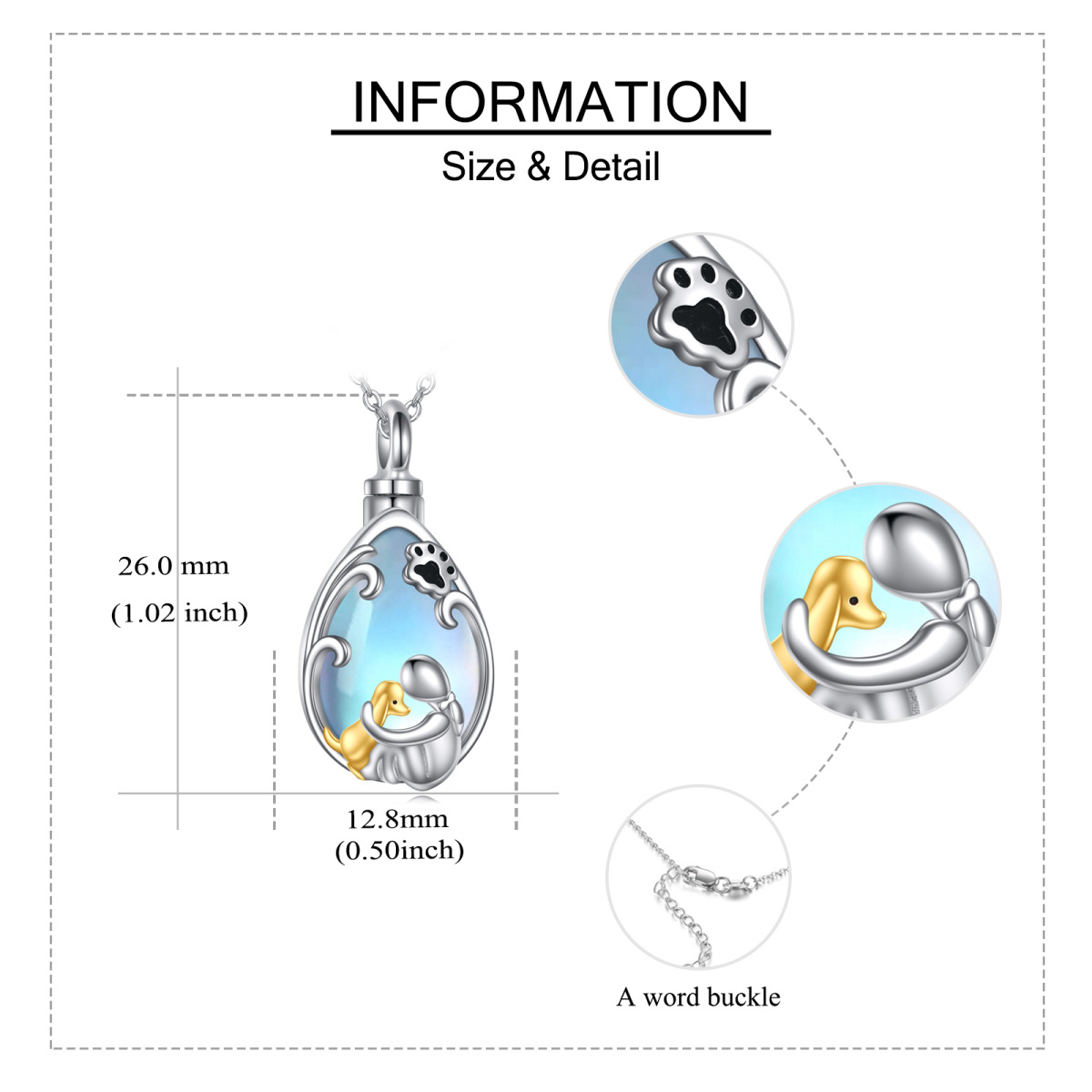 Urnen-Halskette mit zweifarbigem Mondstein-Perlen-Hund aus Sterlingsilber mit Pfotenabdruck für Asche und eingraviertem Wort für Frauen-5