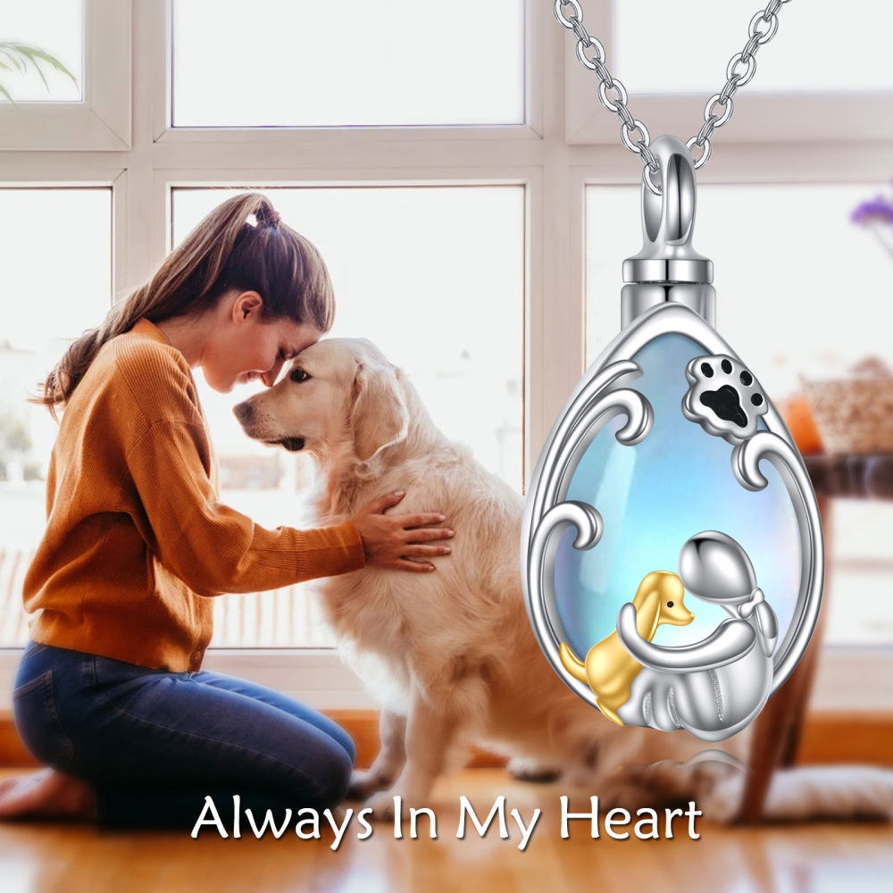 Sterling Silver Two-Tone Pearl Moonstone Dog With Paw Drop Urn Necklace For Ashes With Engraved Word For Women-6