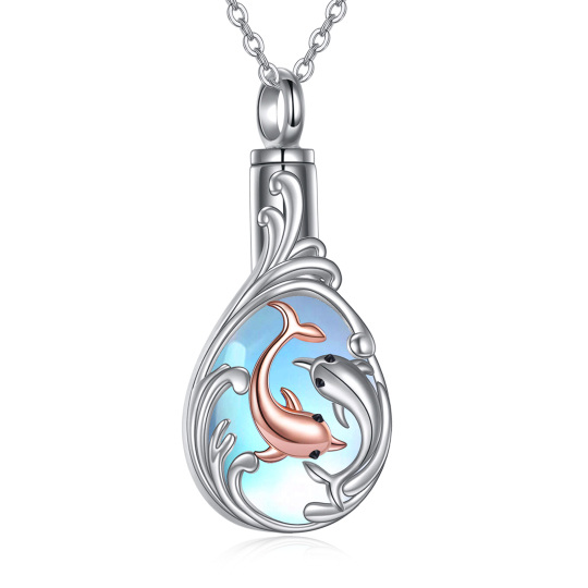 Collier en argent sterling bicolore avec dauphin en pierre de lune et urne en forme de gou