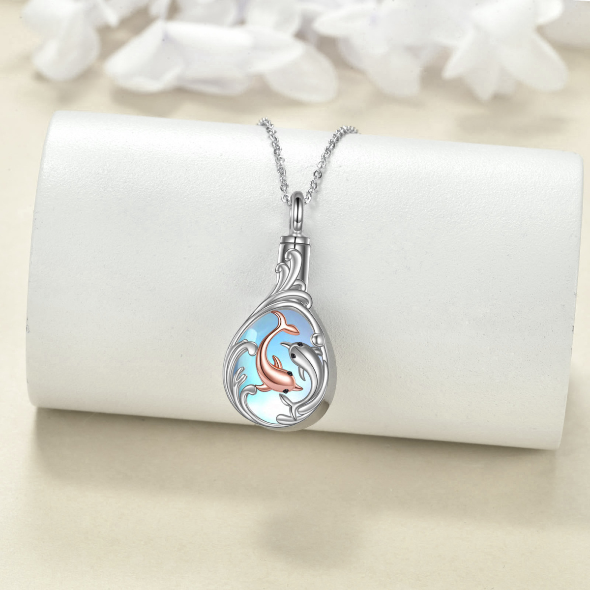 Sterling Silver Two-tone Moonstone Dolphin & Drop Shape Urn Necklace for Ashes-3