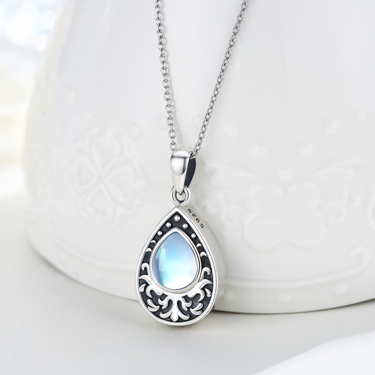 Sterling Silver Two-tone Moonstone Drop Shape Urn Necklace for Ashes-3