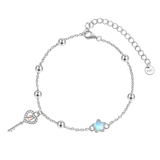 Sterling Silver Two-tone Cubic Zirconia & Moonstone Heart & Key Pendant Bracelet