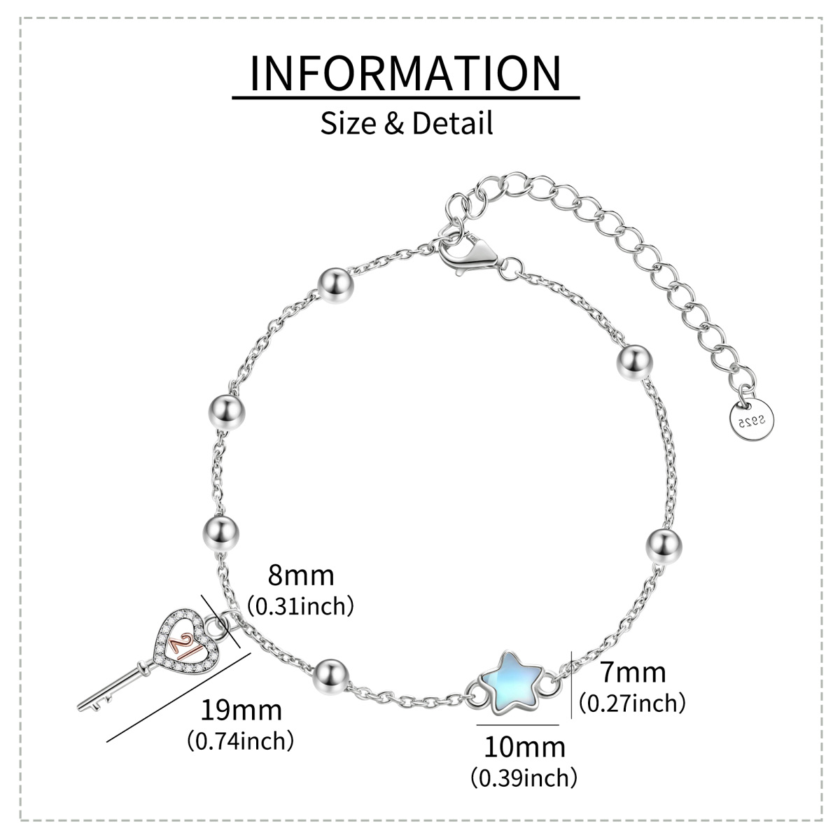 Sterling Silver Two-tone Cubic Zirconia & Moonstone Heart & Key Pendant Bracelet-5