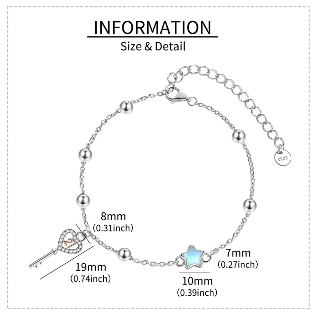 Sterling Silver Two-tone Cubic Zirconia & Moonstone Heart & Key Pendant Bracelet-5