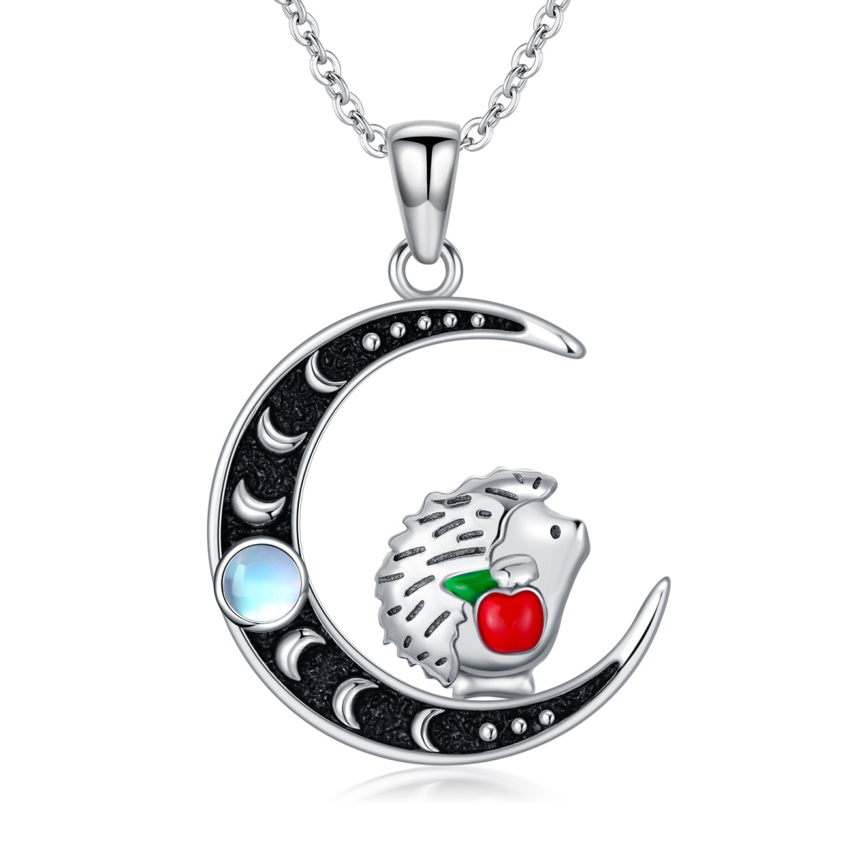 Sterling Silver Two-tone Moonstone Hedgehog & Moon Charm Necklace for Women-1