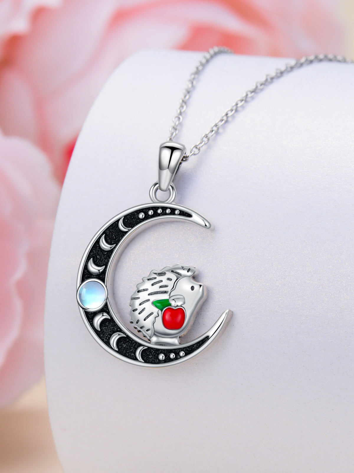 Sterling Silver Two-tone Moonstone Hedgehog & Moon Charm Necklace for Women-3