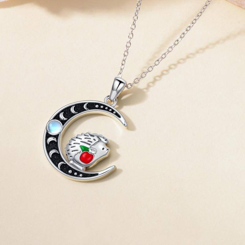 قلادة من الفضة الإسترلينية للنساء بتصميم قنفذ وقمر من حجر القمر بلونين-3