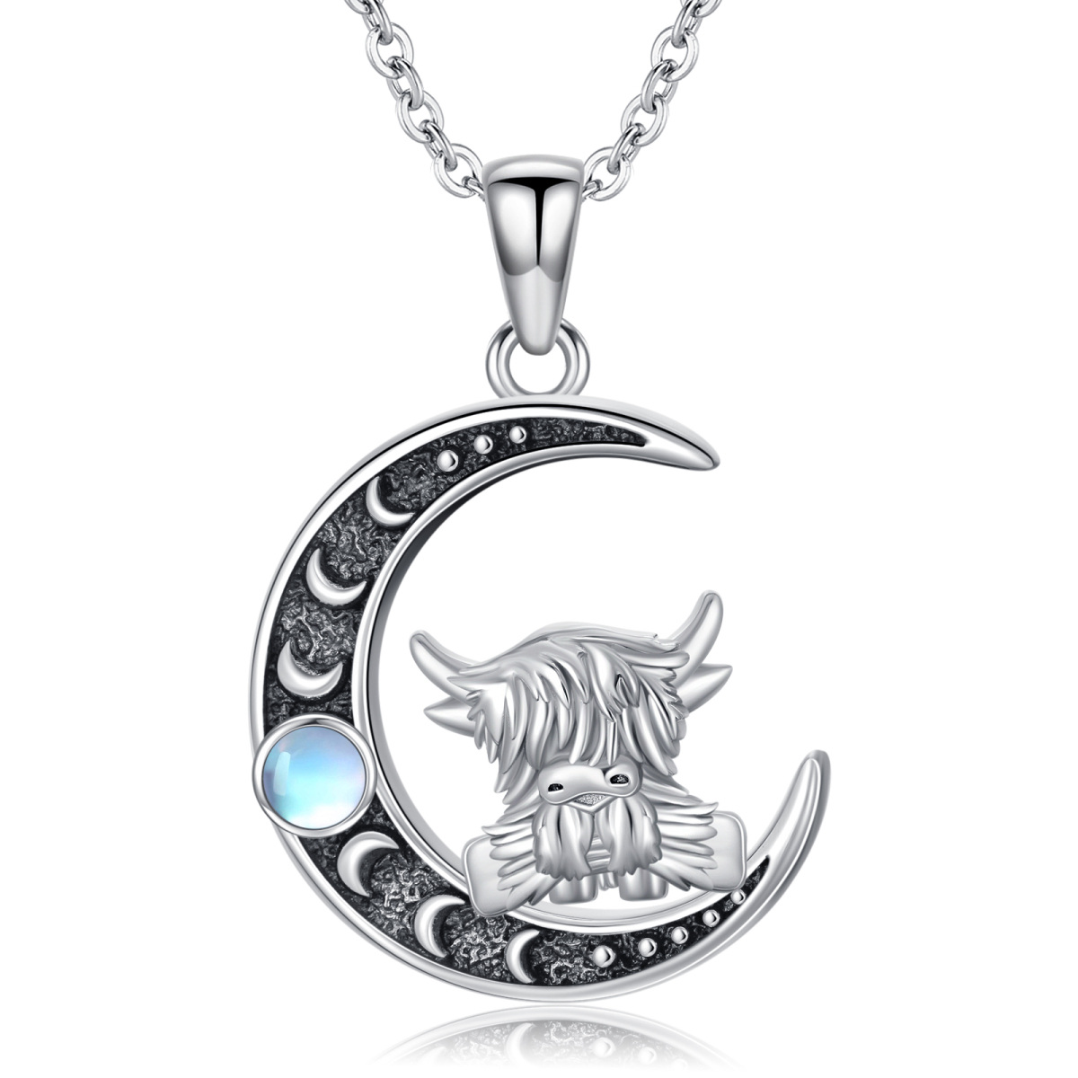 Sterling Silver Two-tone Moonstone Highland Cow & Moon Charm Necklace for Women-1