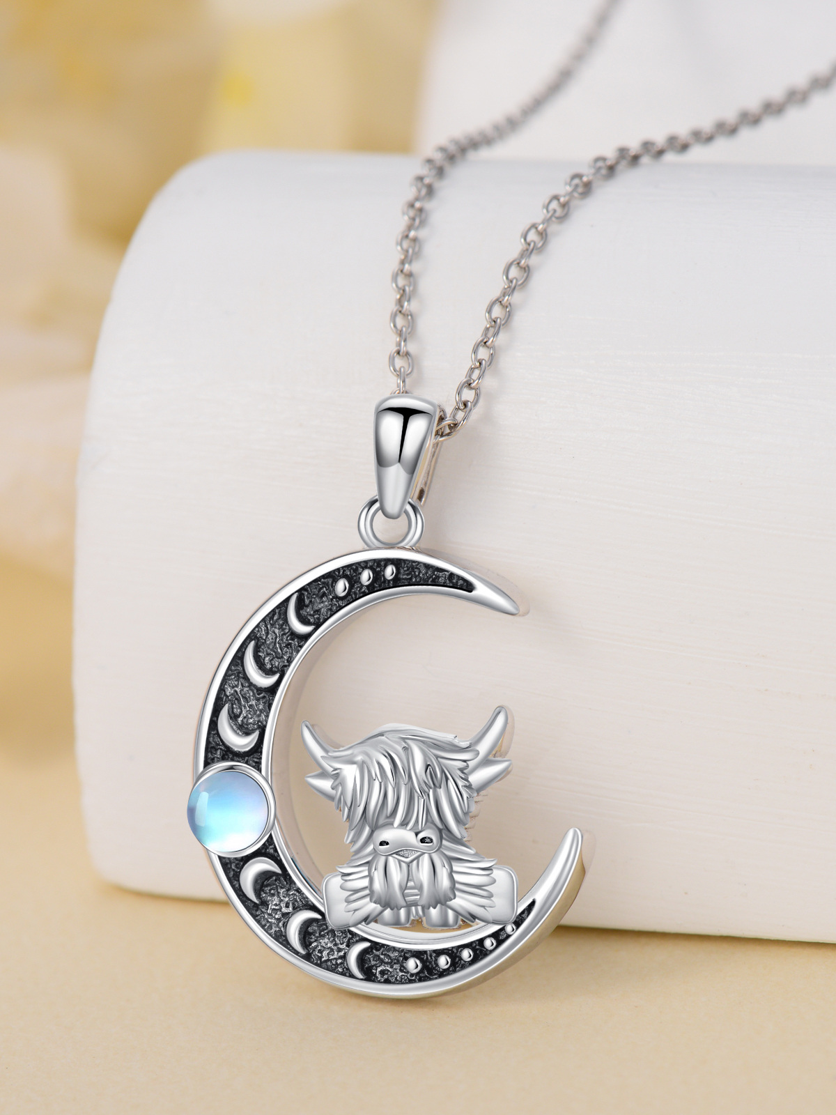 Sterling Silver Two-tone Moonstone Highland Cow & Moon Charm Necklace for Women-3