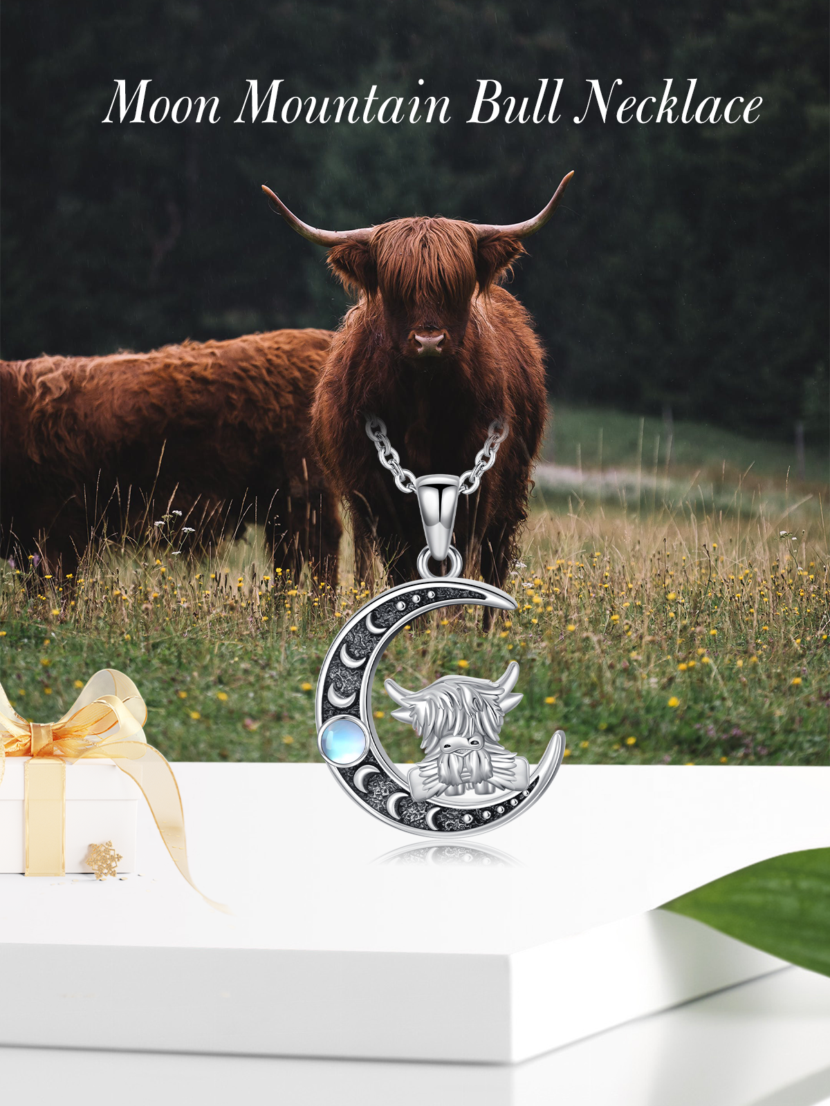 Sterling Silver Two-tone Moonstone Highland Cow & Moon Charm Necklace for Women-5