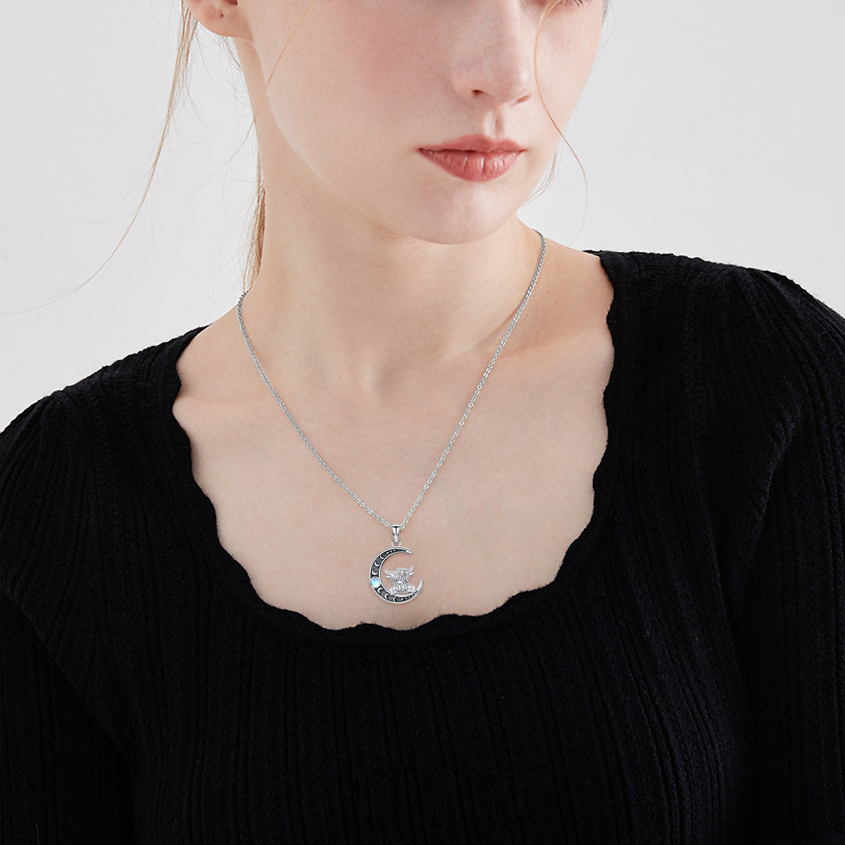 Sterling Silver Two-tone Moonstone Highland Cow & Moon Charm Necklace for Women-2