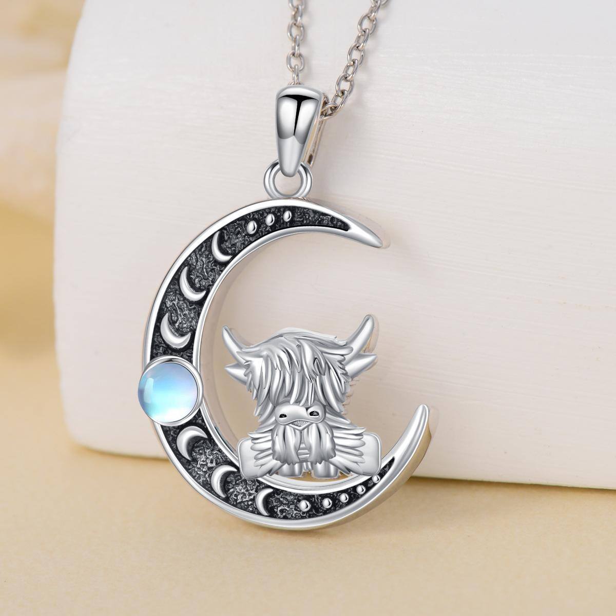 Sterling Silver Two-tone Moonstone Highland Cow & Moon Charm Necklace for Women-3