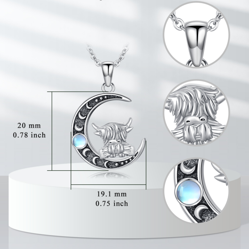 قلادة نسائية من الفضة الإسترلينية بتصميم بقرة المرتفعات وقمر من حجر القمر بلونين-4